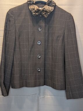Vintage Akris Punto Black Windowpane Blazer with Removable Faux Fur Collar